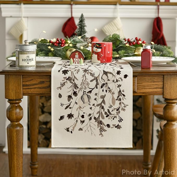 Artoid Mode Leaves and Flowers Cotton 210 GSM Winter Table Runner, Seasonal Christmas Kitchen Dining Table Decoration for Home Party Decor 13x48 Inch