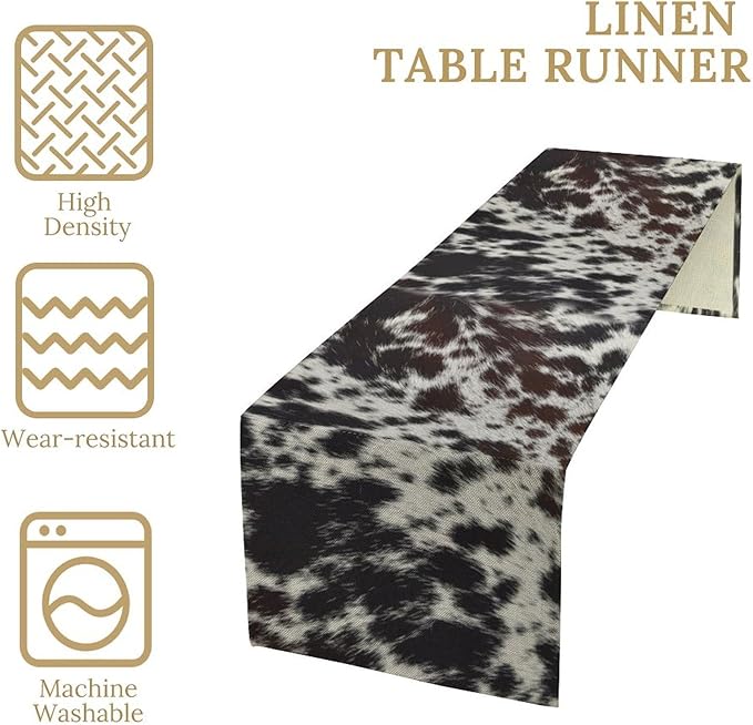 Cow Print Table Runner, Country Farm Animal Fur Skin Pattern Western Style Black Brown Cowhide Print Dinner Runner for Home Kitchen Dining Home Setting, 13x36 Inch