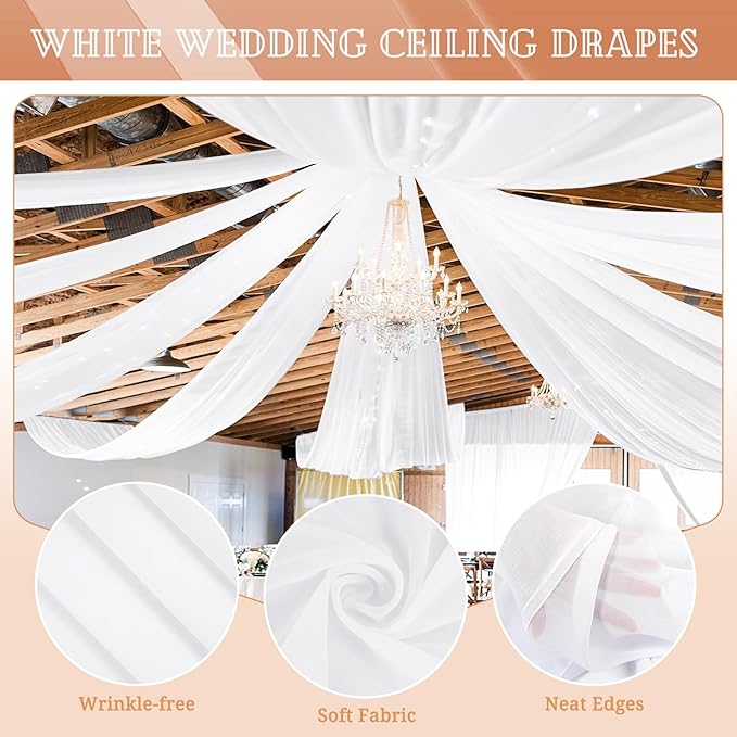 6 Panels White Ceiling Drapes 5ftx30ft Sheer Drapery Ceiling Curtains Chiffon Fabric Arch Draping for Wedding Party Ceremony Birthday Baby Shower Reception Stage Ceiling Decorations