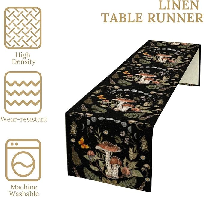 Mushroom Kitchen Table Runner, Boho Vintage Wild Flower Gothic Witchy Moonlit Forest Plant Table Runner for Bedroom Living Room Kitchen Dinner Table, 13x70 Inch