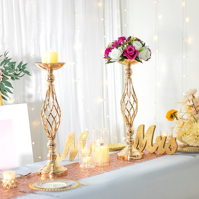 Candlestick Holders Gold Metal Flower Vases, Set of 10, 20.5-Inch Tall