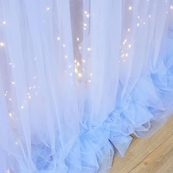 Blue Tulle Backdrop Curtains with Lights String for Parites Baby Shower 20×10ft Blue Sheer Backdrop Curtains Drapes for Bridal Shower Birthday Party Photo Shoot Background Decorations(4 Panels 5×10ft)