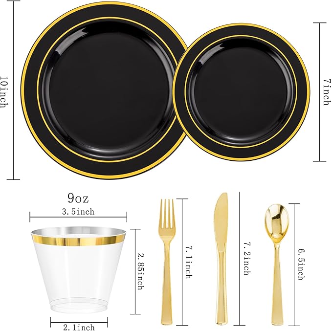 Plates Black and Gold Round Disposable Set, 300 Pieces Plastic