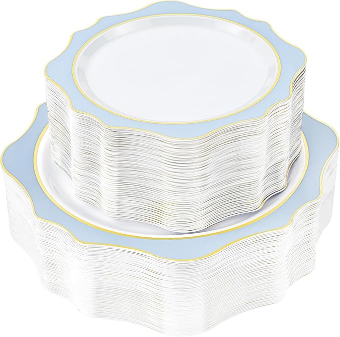 Disposable Party Plates, Blue Scalloped, BPA-Free Plastic, 100 Count