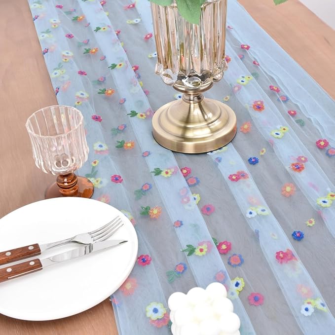 Joanlody Blue Embroidery Daisy Fall Thanksgiving Table Runner Florals Seasonal Tulle Table Runner Holiday Kitchen Dining Table Decoration Wedding Party