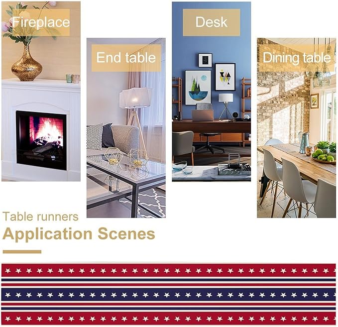 4th of July Table Runner, USA Flag Stars Stripes American Independence Day Red Blue White Stars Lines Print Table Cover for Farmhouse Kitchen Indoor Outdoor Home Party, 13x90inch