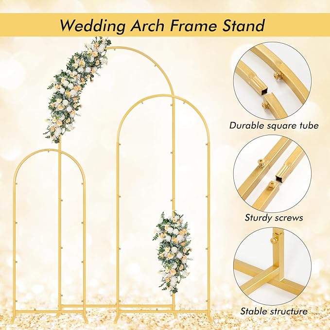 Metal Wedding Arch Backdrop Stand Set of 3 in Beige with Gold Finish