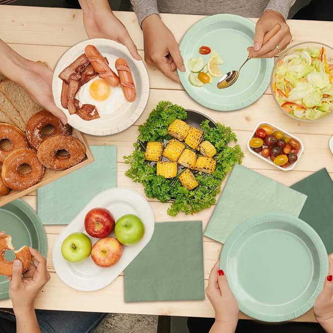 Paper Party Plates and Napkins, 150 Pieces, Sage Green Gradient