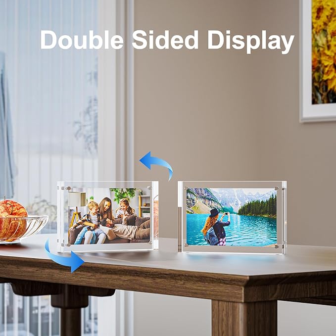 3 Pack 5x5 Acrylic Picture Frames - 20% Thicker Double Sided Magnetic Frame with UV Protection - Freestanding Clear Frameless Display for Tabletops - Modern Photo Frame Set for Home & Office Decor