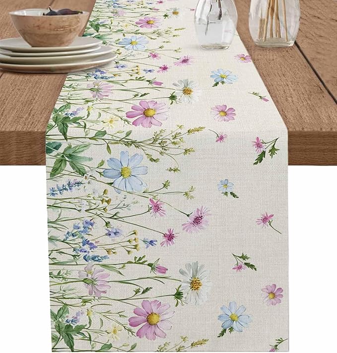 Vintage Wildflowers Cotton Linen Table Runner for Dining Kitchen, Wedding Outdoor Party Tablerunners Decoration, Farm Floral Pink Botanical Plants Dresser Scarf Coffee Tablecloth Runners 13x36 Inches
