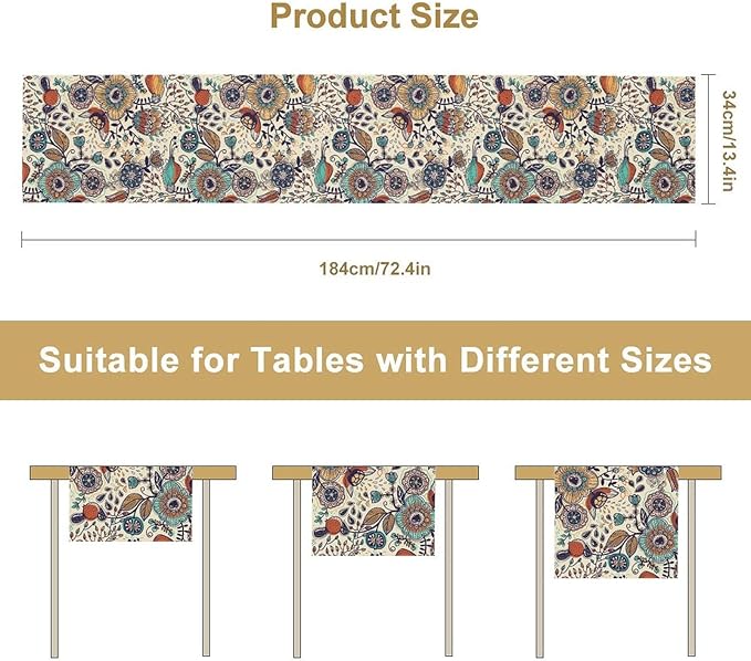 Boho Floral Table Runner,Vintage Flowers Tropical Plants Country Style Table Cloth Kitchen Dining Table Home Party Decoration 13x60 Inch