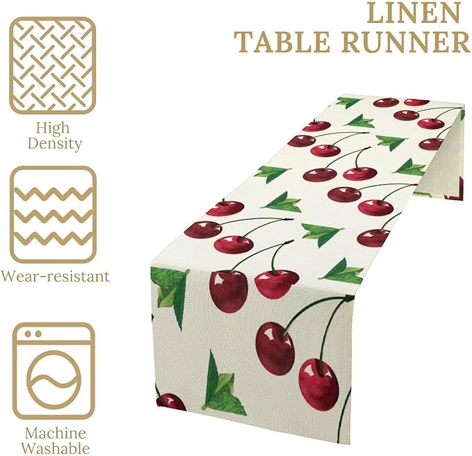 Red Cherry Table Runner Watercolor Tropical Fruit Spring Summer Wild Berry Dinner Runner for Girl Baby Party Holiday Home Kitchen Dining Table Decor 13x36
