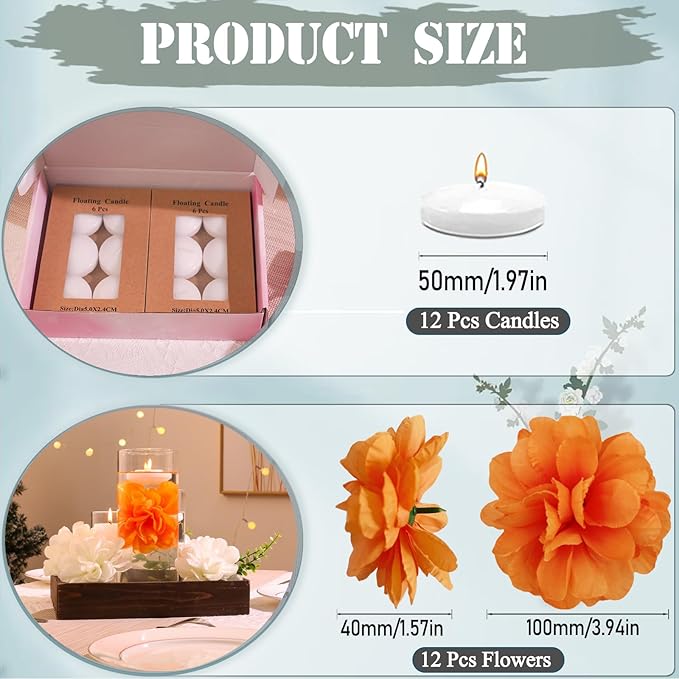 Vase Fillers Set: 12 White Floating Candles and 12 Artificial Flowers