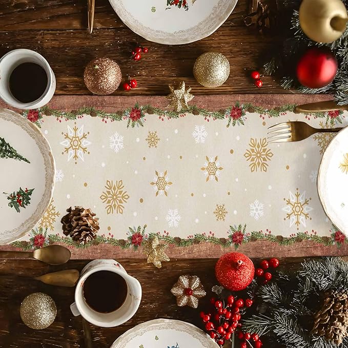 Christmas Gnomes Cotton Linen Table Runner for Dining Kitchen, Xmas Pine Tree Snowflake Rustic Wedding Outdoor Party Tablerunners Decoration, Retro Wood Dresser Scarf Tablecloth Runners 13x72 Inches
