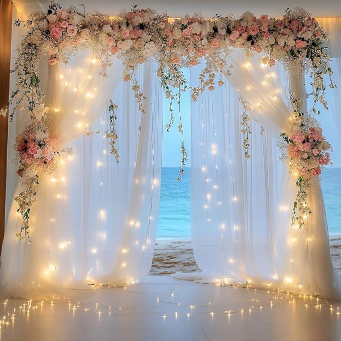 Tulle Backdrop Curtain with Lights String 30 X 8FT White Sheer Tulle Backdrop Curtains for Wedding Birthday Party Reception Photo Booth Background Decorations (6 Panels 5x8FT)