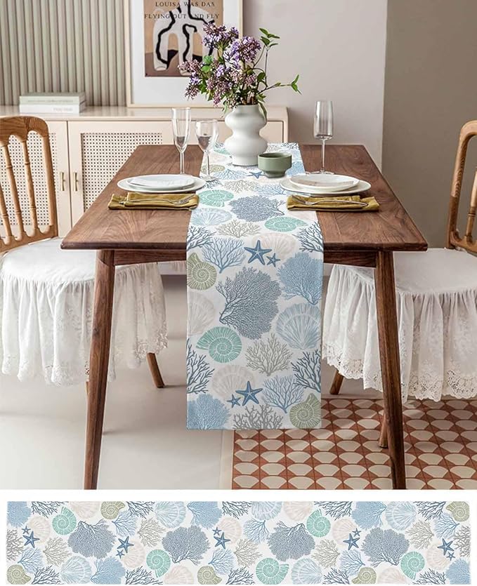 Coastal Coral Cotton Linen Table Runner for Dining Kitchen, Wedding Outdoor Party Tablerunners Decoration, Blue Nautical Starfish Ocean Shell Beach Dresser Scarf Coffee Tablecloth Runners 13x48 Inches