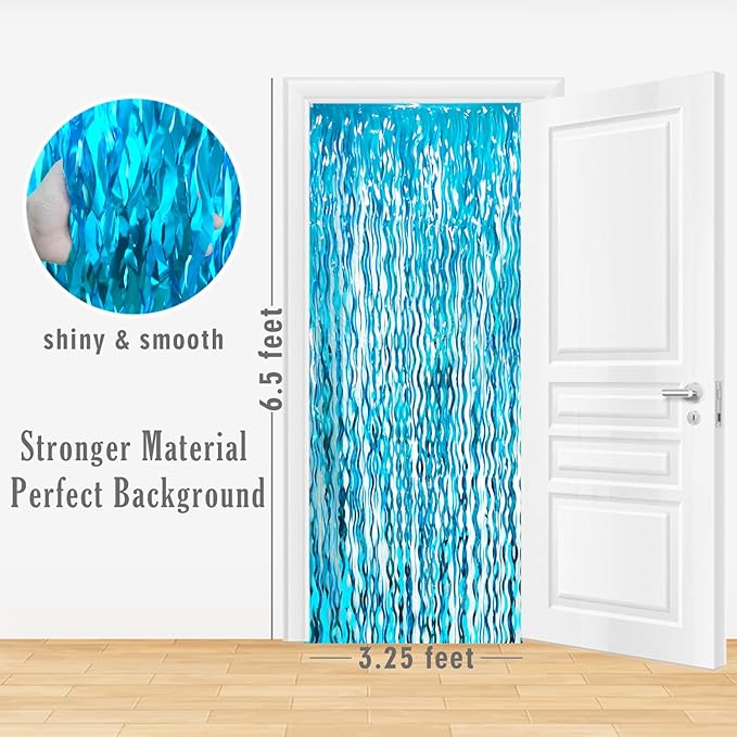 Goer Metallic Tinsel Foil Fringe Curtains for Party Photo Backdrop Wedding Decor (3 Pcs,Wavy Light Blue)