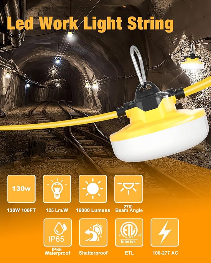 String Lights, 100 ft White LED Work Lights with 16,000 Lumens