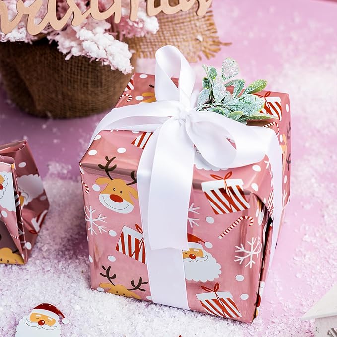 LeZakaa Christmas Pink Wrapping Paper Jumbo Roll, Santa Claus & Candy Cane, Metallic Foil, Rose Gold Foil Reversible Design for Festive Winter Holiday, Family Gathering, 30 inches x 32.8 Feet