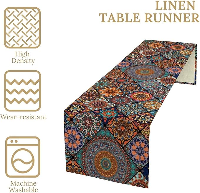 Bohemian Table Runner, Colorful Vintage Indian Mandala Floral Table Runners for Kitchen Dining Coffee Table Indoor Outdoor Party Decor, 13x60inch