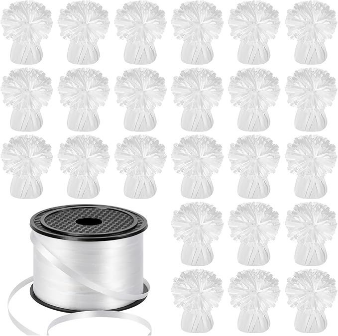 Balloon Weights 24 Count White Metallic Round Anchors with Crimped Ribbon