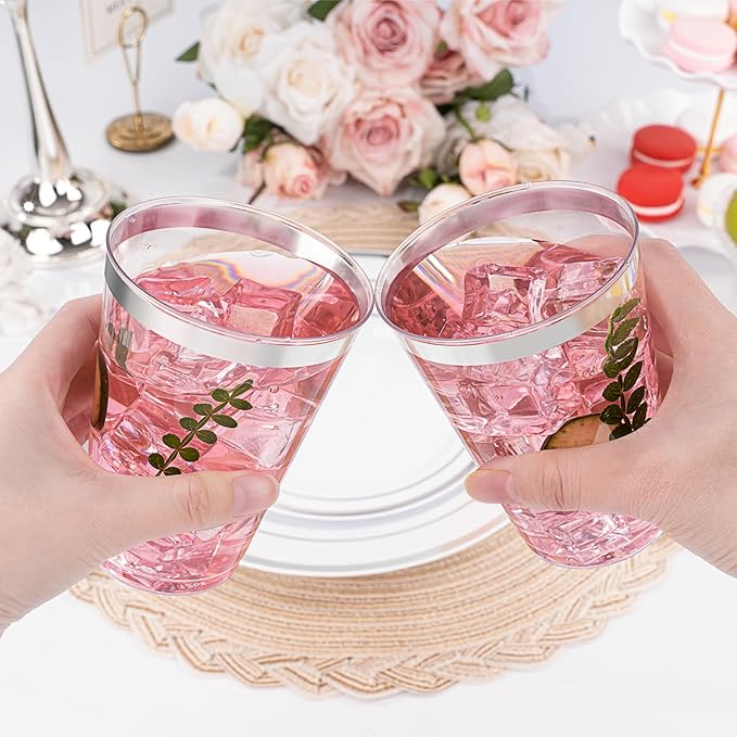 Disposable Plastic Cups with Silver Rim, 12 oz, 100 Count Clear