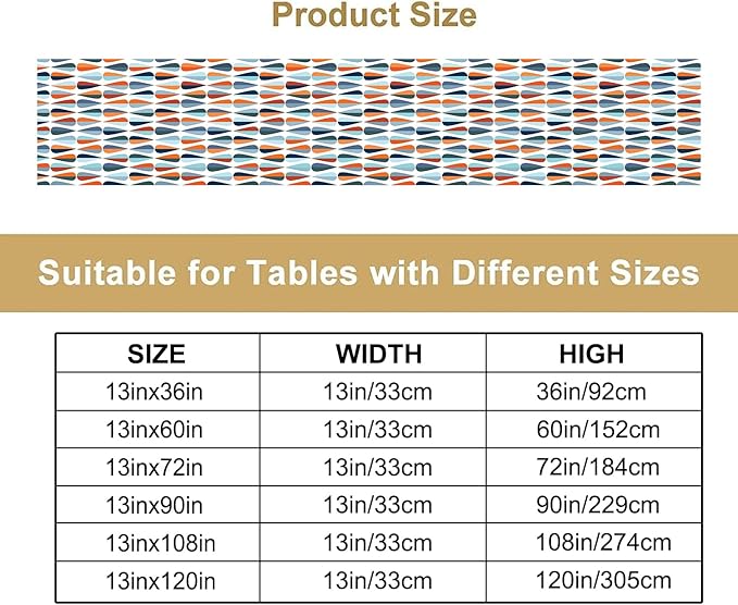 Mid Century Table Runner, Modern Style Retro Pattern Droplet Shapes Mosaic Tones Pattern Print for Home Kitchen Table Decor Dining Coffee Room Party Decor 13x90in