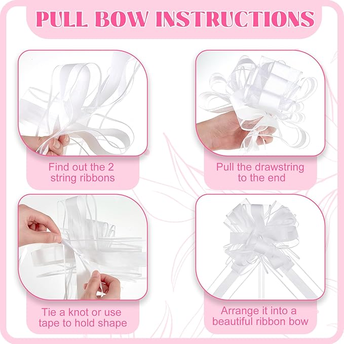 Gift Wrap Bows, 24 Pcs White Pull Bows with Yarn Ties