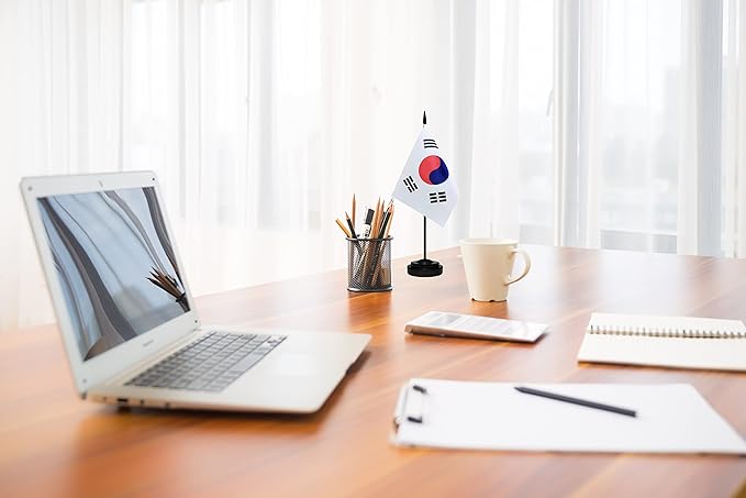 South Korea Korean Deluxe Desk Flag Set Small Mini Miniature South Korea Korean Table Desktop Flags With Solid Pole, Black Base and Spear Top(2 Pack)
