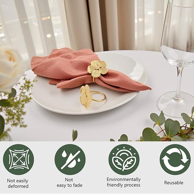 Napkin Rings, Gold Metal Floral Set of 50 for Table Decor