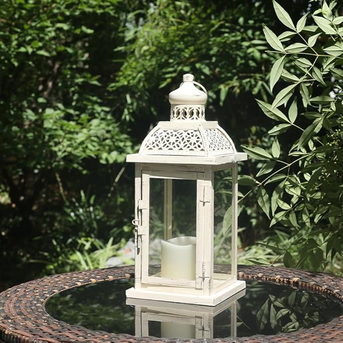 Decorative Candle Lantern, Beige Metal with Glass Panes, Indoor and Outdoor