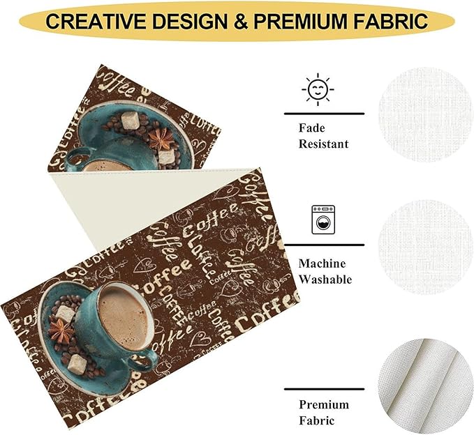 Coffee Theme Table Runner, Farmhouse Retro Brown Coffee Cup Tea Party Rustic Cafe Table Center Decor for Home Kitchen Dining Patio Holiday Party Indoor Outdoor Table Decorations,13"x72" Inch