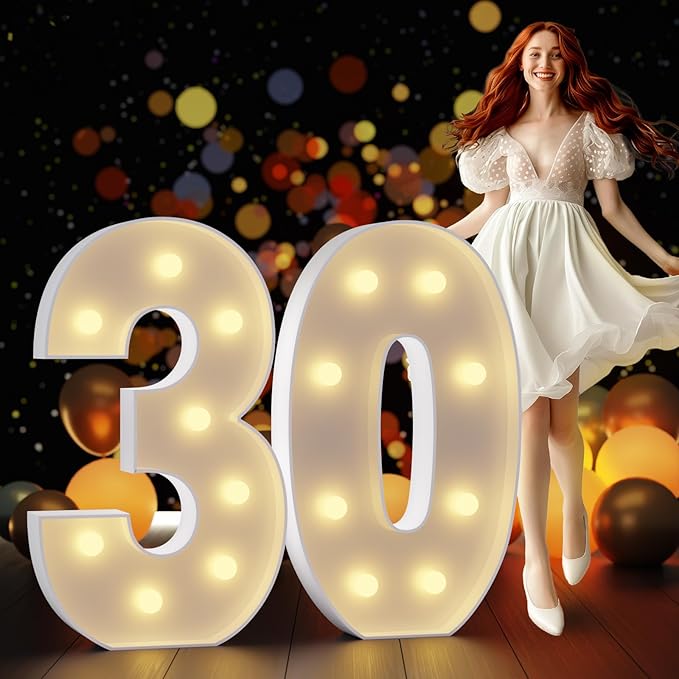 Decoration Light Up Number 30 Marquee Sign, 3 Ft Foam with Yellow Lights