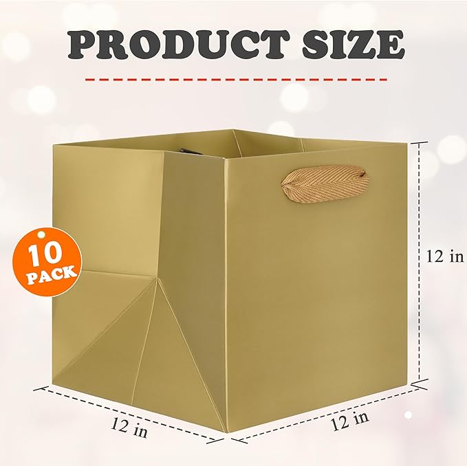 Gift Bags, 12 x 12 Inch Gold Square Bottom Bags with Handles, Pack of 10