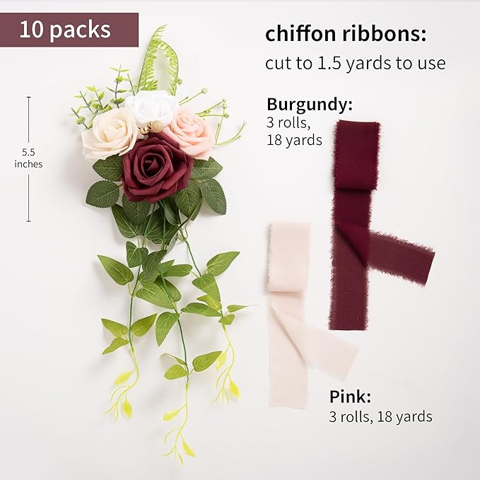 Artificial Flowers Set of 10 Burgundy Wedding Pew Decor with Roses