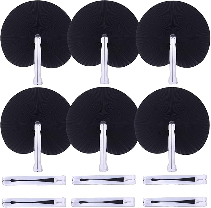 12 Packs Decorative Paper Folding Hand Fans Handheld,Black Round Foldable Wedding Fans Chinese and Japanese Fans Bulk for Bridal Guest Church Party Favors Dancing Birthday DIY