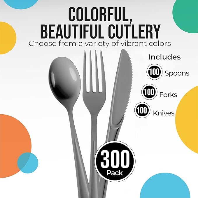 Plastic Cutlery Set, 300 Pieces in Silver with Forks, Spoons and Knives