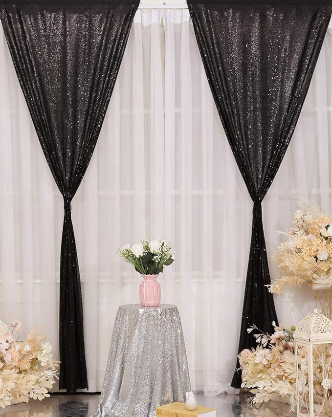 Backdrop Curtain with Black Sequins, 120 x 120 Inch, Pack of 2