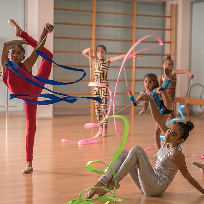 PAMASE Dance Ribbons - 16 Packs Ribbon Wands with Non-Slip Handles for Girls Gift, 6.6ft Rhythmic Gymnastics Dancing Rainbow Twirler Sticks Streamers Dance Flags