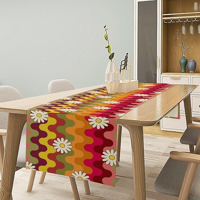 Vintage Floral Table Runner,60s 70s Colorful Retro Abstract Hippie Print Table Runner for Kitchen Dining Table Home Party Decoration 13x60 Inch