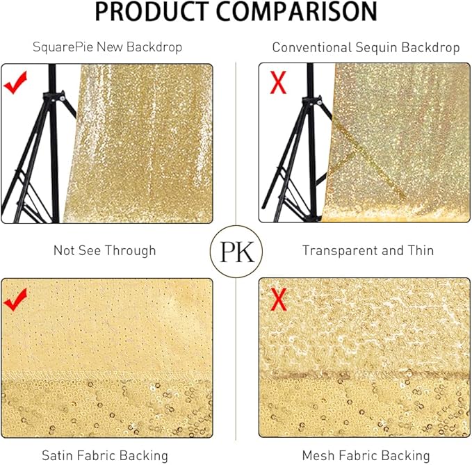 SquarePie Sequin Backdrop Curtain 8FT x 10FT Gold Satin Backing Fabric Photography Background for Wedding Patry 4FT x 10FT 2 Panels