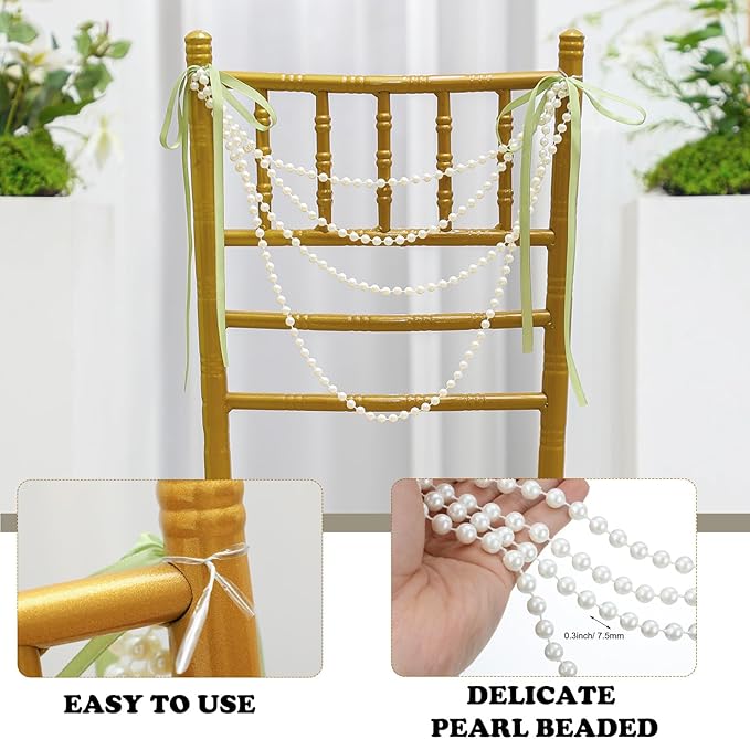 Garlands with Ivory Faux Pearl Beads and Sage Green Satin Bows, 16 Pack
