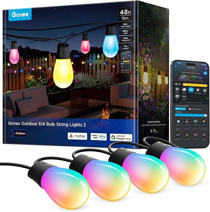 Outdoor String Lights with 48 Ft Color-Changing LED Bulbs