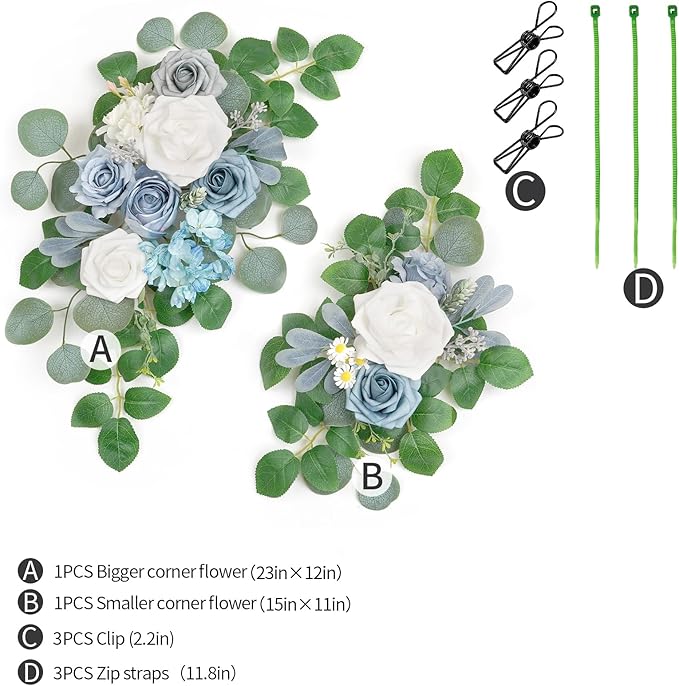 Artificial Flowers Arch Decor, Sky Blue Silk and Foam, Set of 2