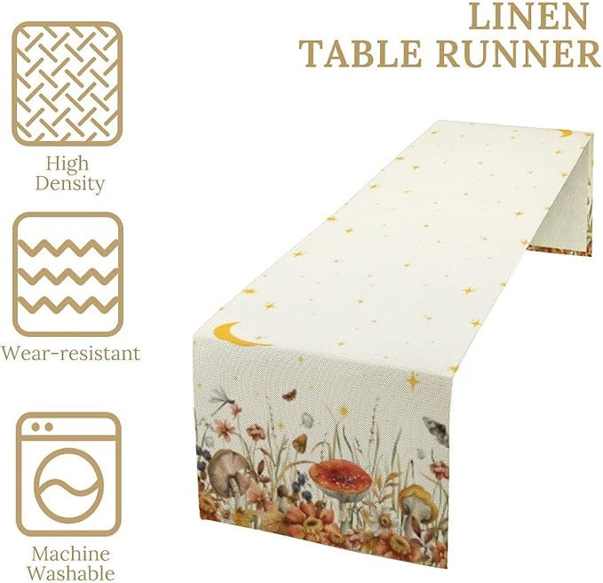Mushroom Kitchen Table Runner, Gothic Moon Star Plants Witchy Moonlit Flower Butterfly Table Runner for Kitchen Dinner Living Room Drapes, 13x120 Inch White