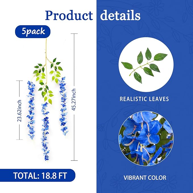 5 Pack Royal Blue Wisteria Hanging Flowers Garland, 3.77 Feet Artificial Flower Vines, Fake Wisteria, Artificial Vines Hanging Garland for Backdrop Outdoor Yard Garden Decor