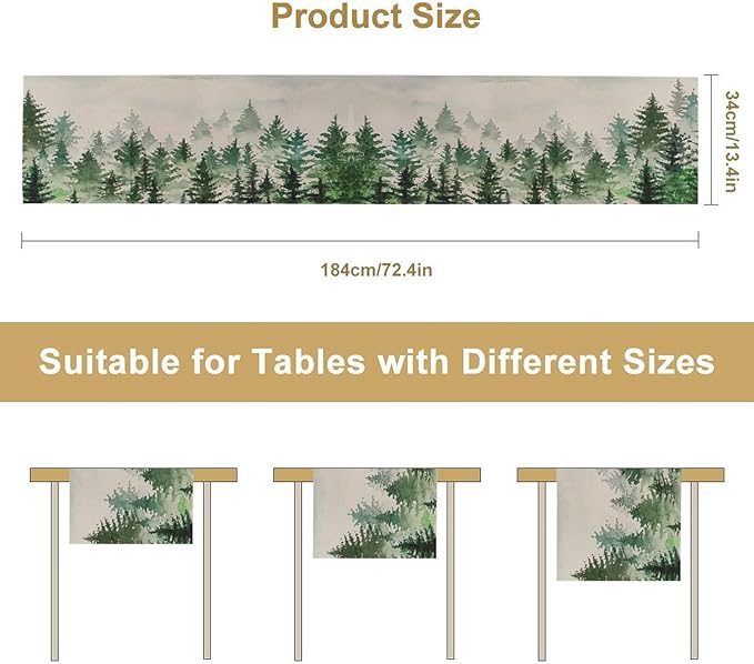 Foggy Forest Table Runner,Green Forest Natural Landscape Table Runner for Kitchen Dining Table Home Party Decoration 13x120 Inch