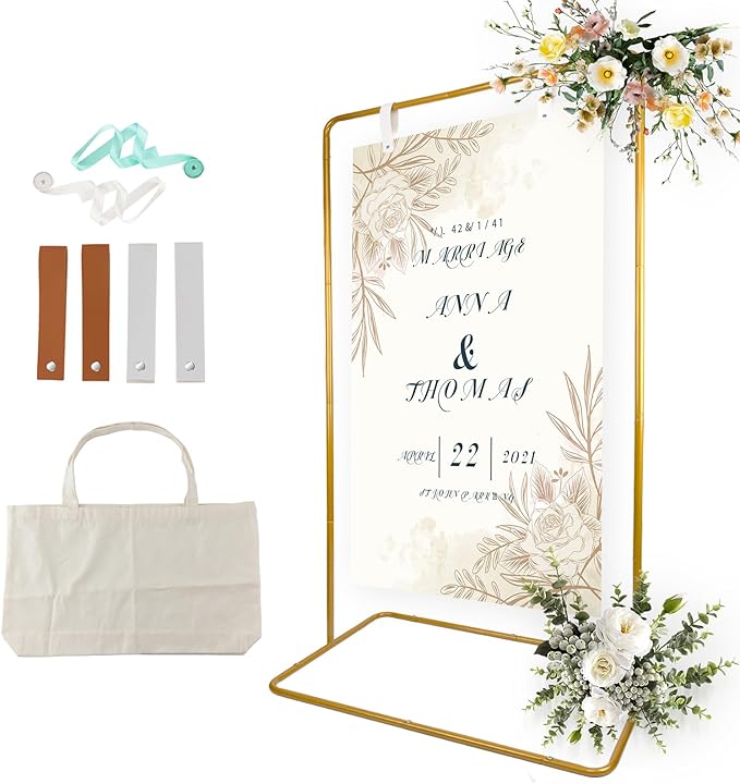 Easel Sign Stand, Gold Metal Adjustable Welcome Sign Holder with Hanging Straps