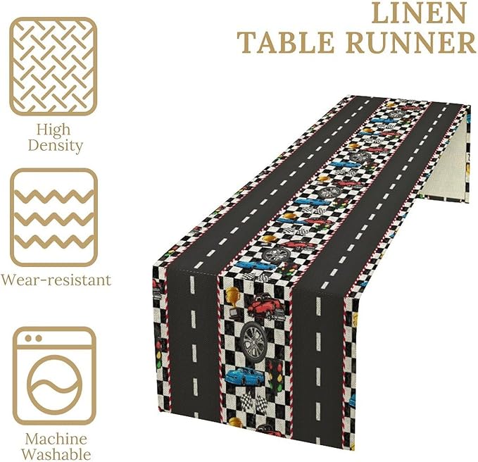 Race Car Table Runner,Checkered Flag Black and White Race Cars Pattern Print Tablecloth Burlap for Hotel Indoors Outdoor Dining Room Kitchen Home Decor,W13X L90 in