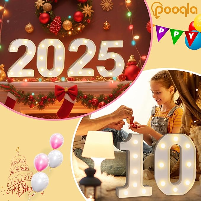 Pooqla Decorative LED Light Up Number Letters, White Plastic Marquee Number Lights Sign Party Wedding Decor Battery Operated (7)